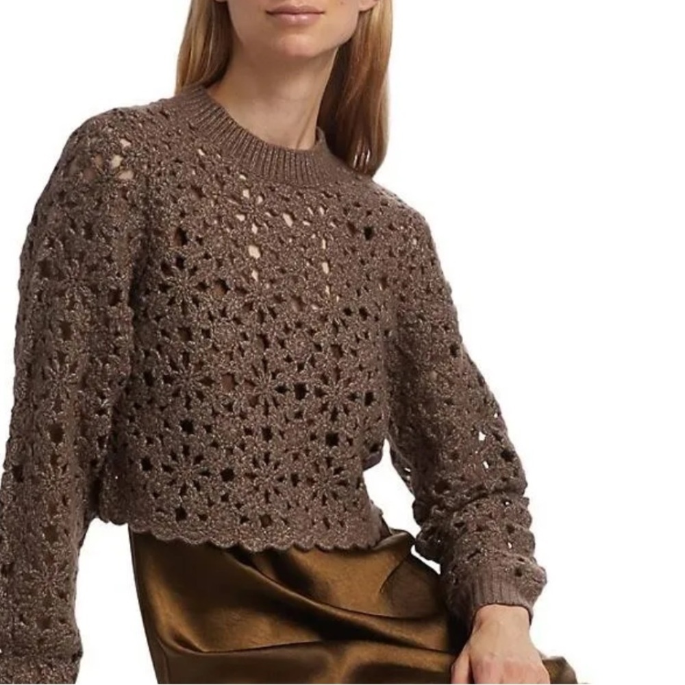 Dh New York Flower Crochet Mocha Cropped Sweater Size Small